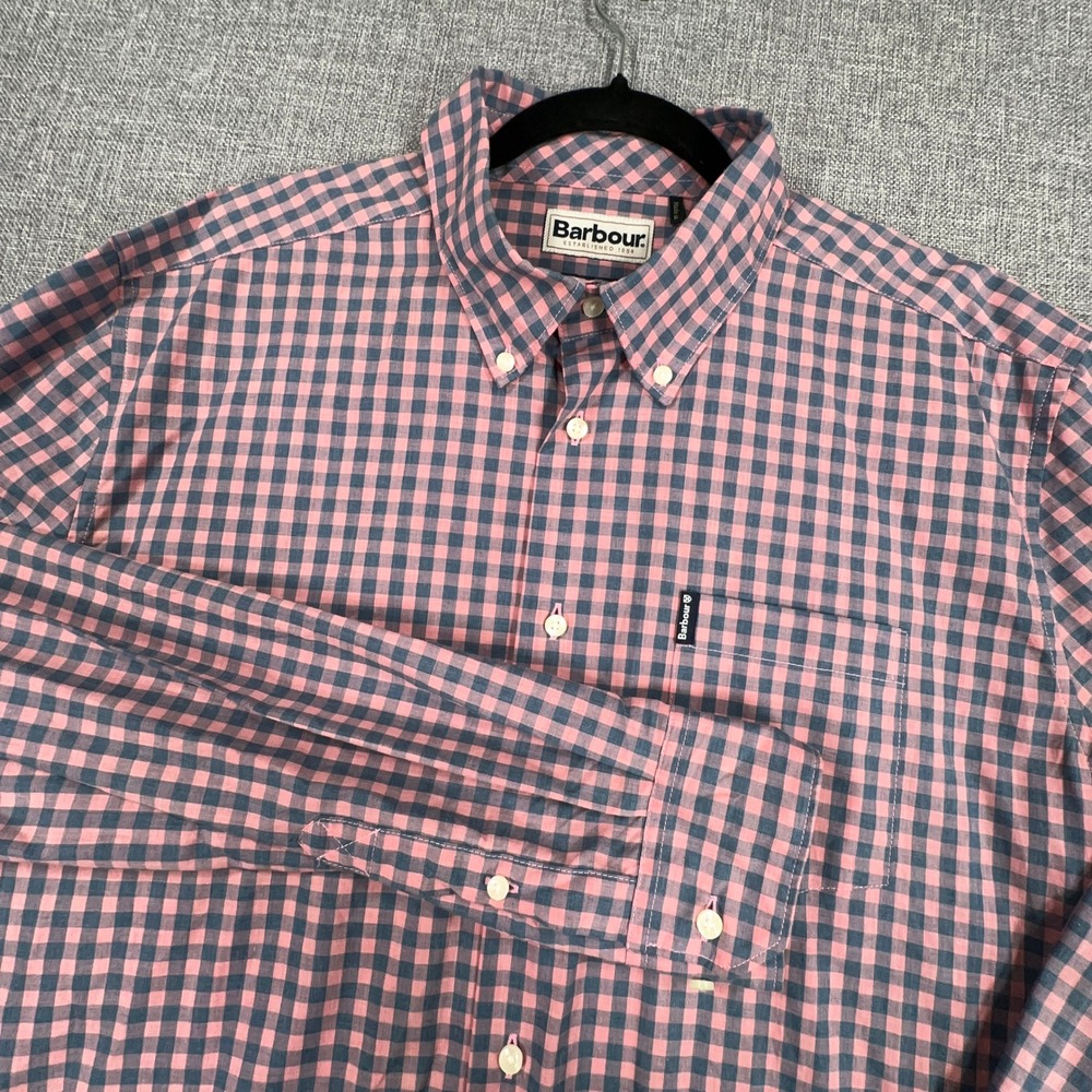 Barbour Gingham 22 Tailored Shirt Mens XL Pink Blue Cotton Preppy Button Down
